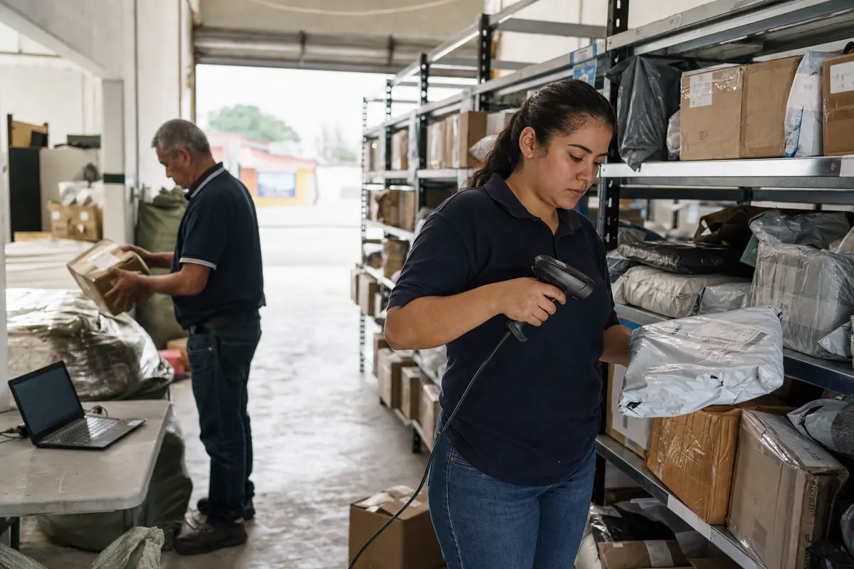 Personal de una bodega de paquetería clasificando envíos por municipio en estanterías
