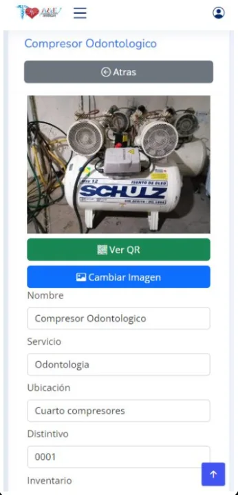 Real Biomantenimiento screen on a phone: record of a dental compressor with its photo and the View QR button