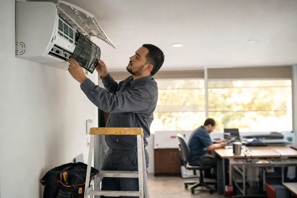 Maintenance technician cleans the filter of a wall-mounted split air conditioner in an office
