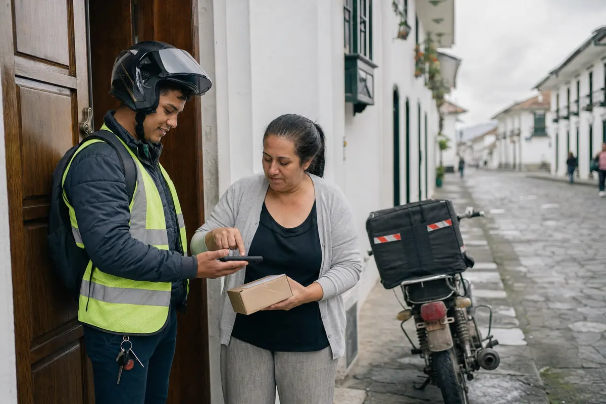 Motorbike courier delivering a parcel while the recipient signs on the phone