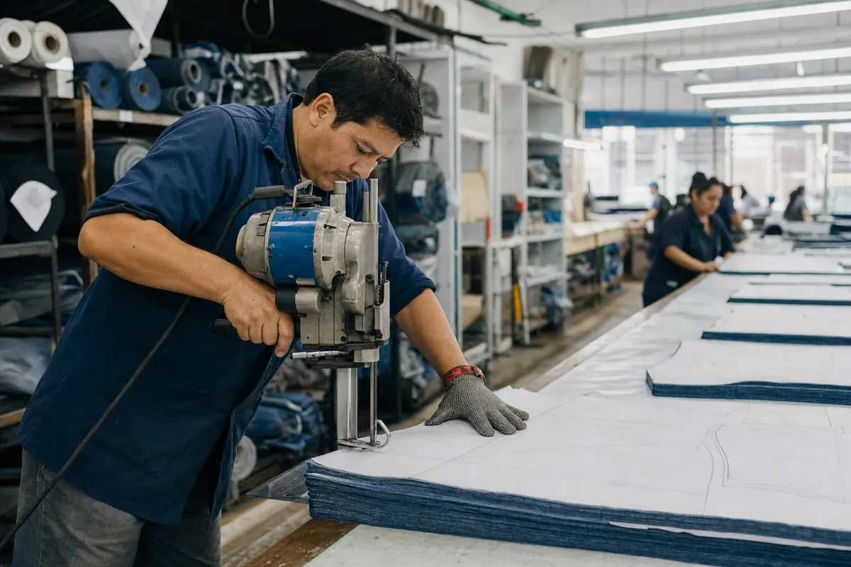 Worker cutting fabric pieces for a garment order