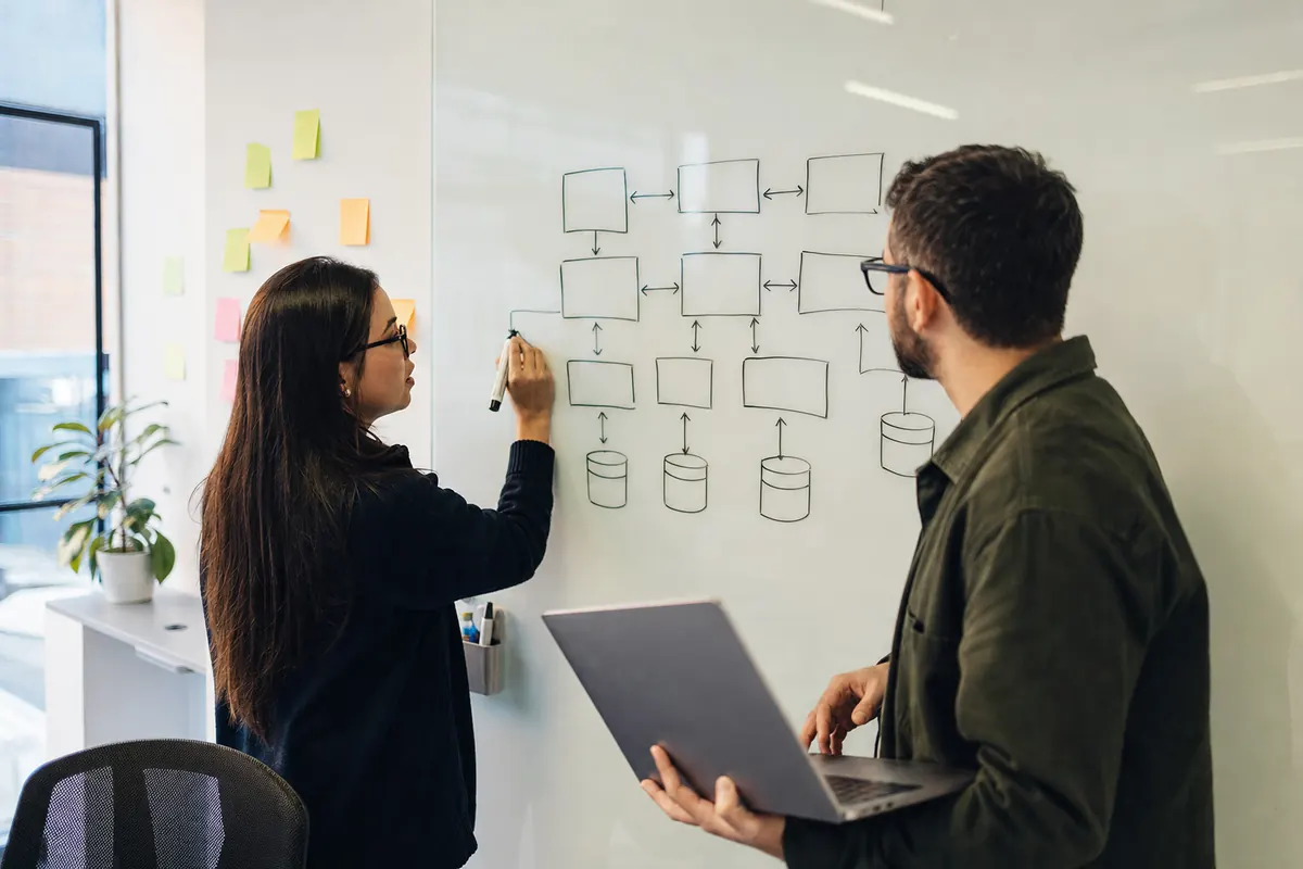 Two Kondory developers sketching a system architecture on a whiteboard