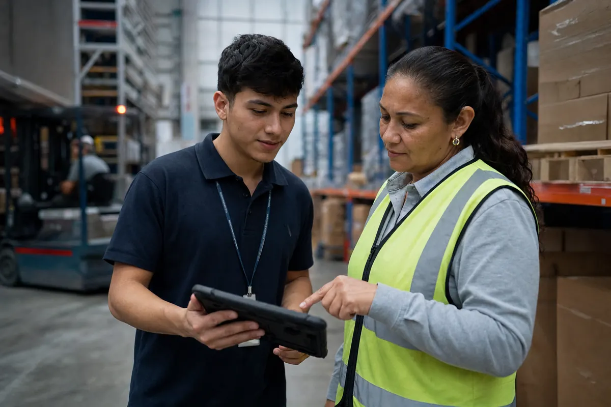A Kondory developer shows the inventory app on a tablet to the client’s warehouse supervisor