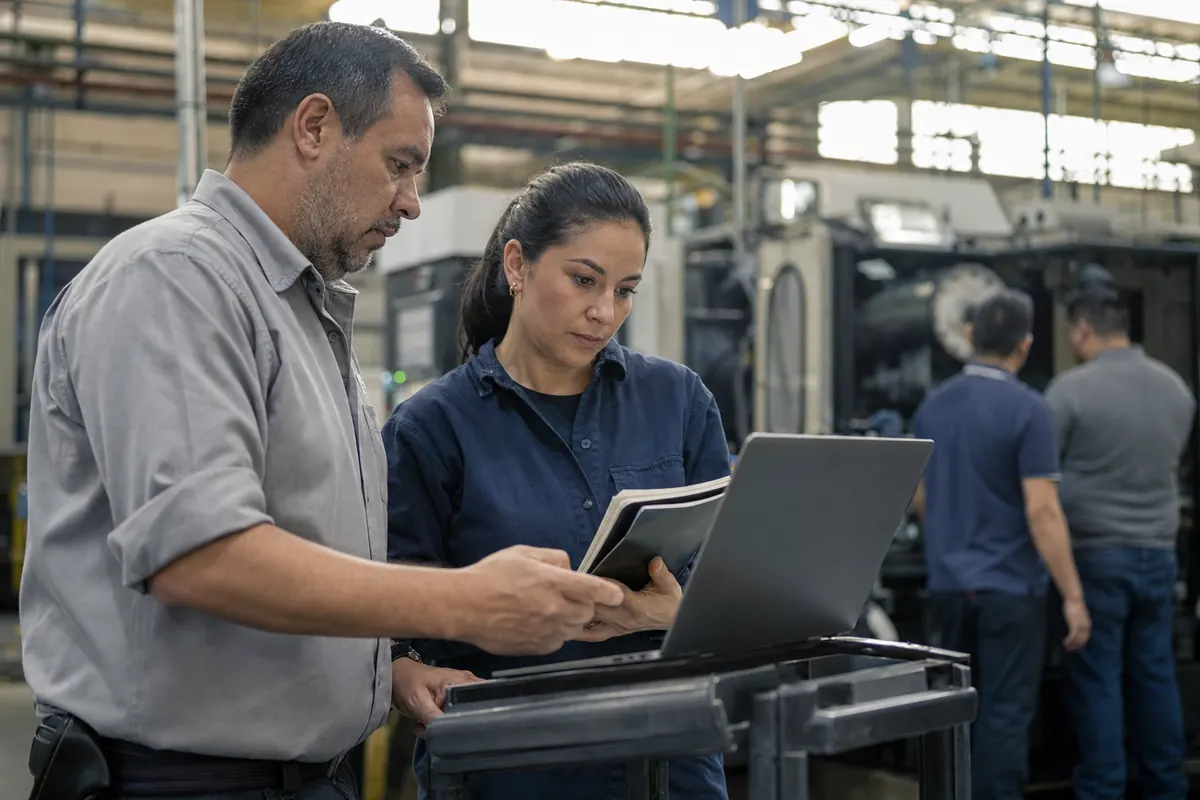 Plant manager and supervisor reviewing production on a laptop on the factory floor
