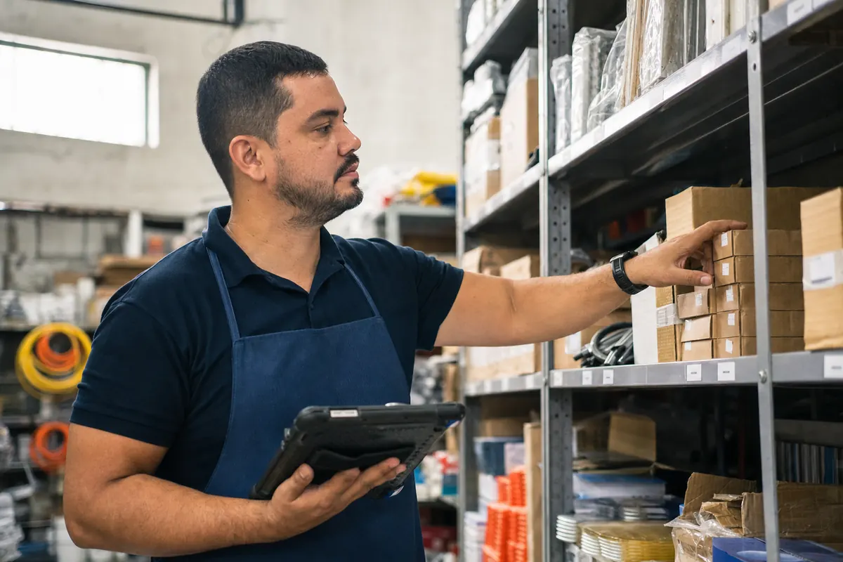 Hardware store employee checks stock on a tablet in front of the stockroom shelves