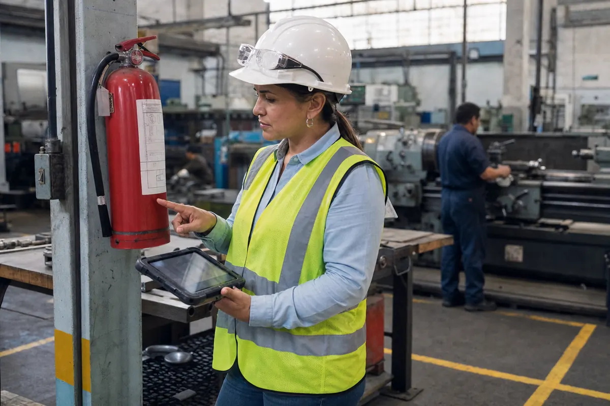 OHS coordinator in hard hat and vest checks a fire extinguisher and logs it on a tablet in a workshop
