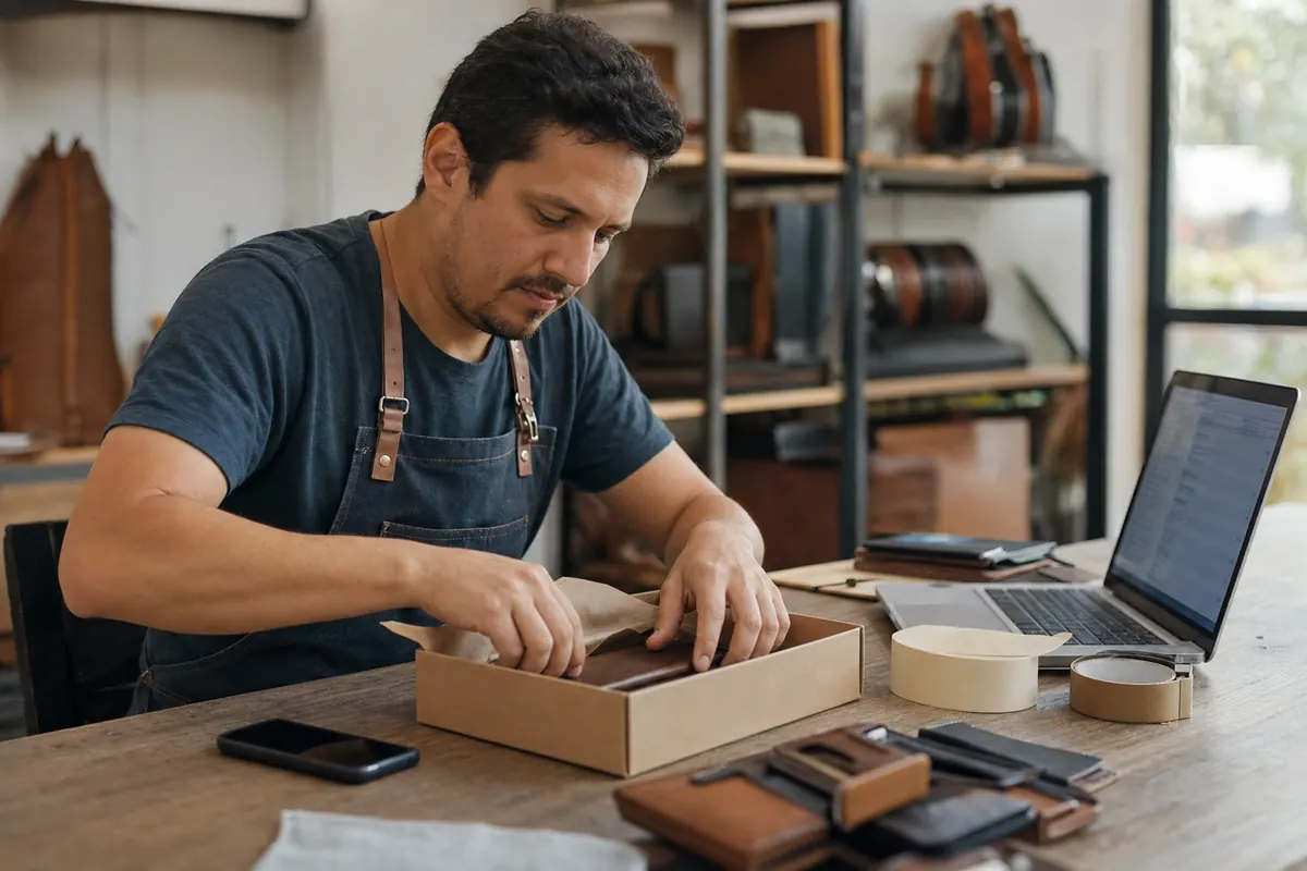 Owner of a leather goods workshop packs an online order next to his laptop